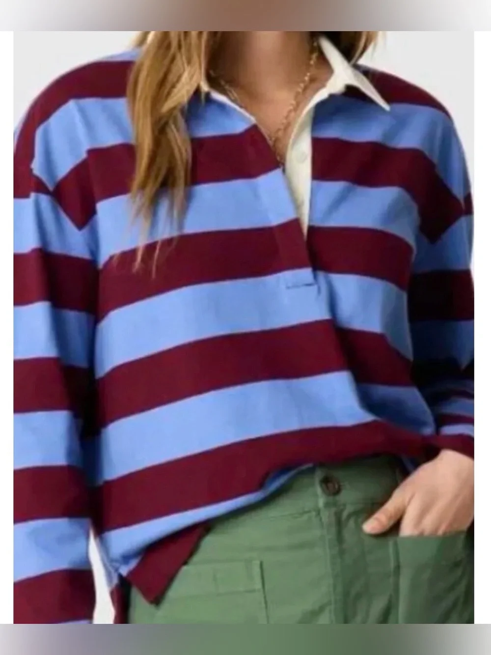 J. Crew Women’s Light Blue and Burgundy Striped Rugby Polo with White Collar